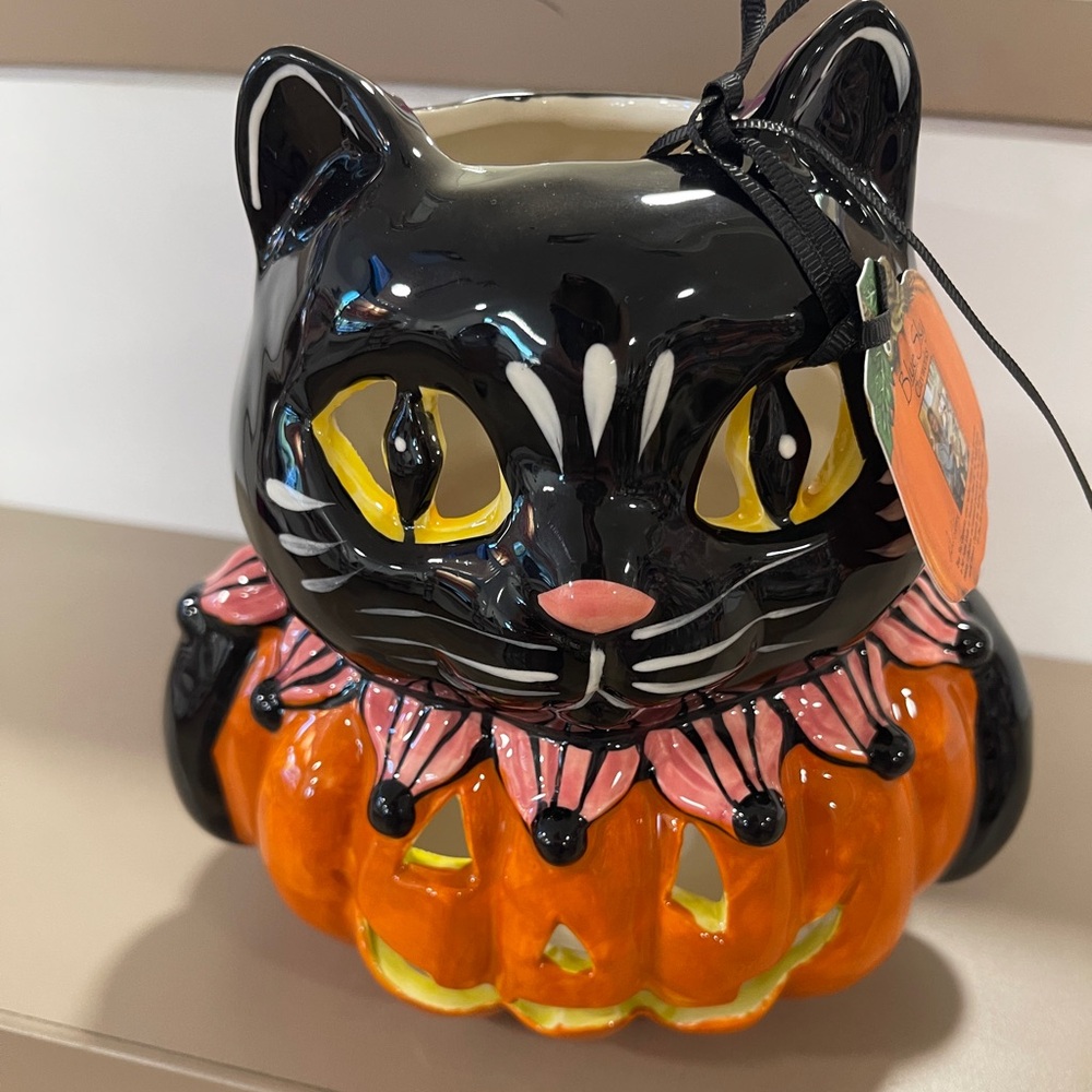 Halloween Black Cat Jack o’lantern Ceramic Tea Light Holder Blue Sky Ceramic NWT